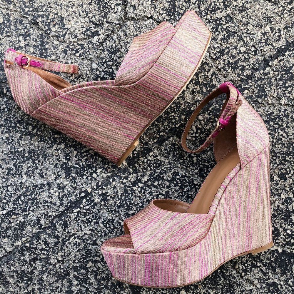 New M Missoni Pink Gold Stripe Knit Wedge Platform Sandals Size 41